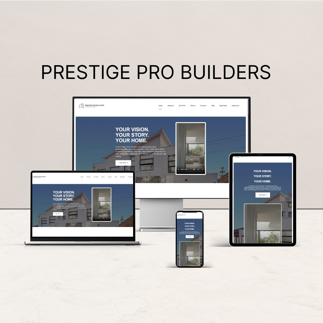 Prestige Pro Builders responsive website design displayed across multiple devices, including a desktop, laptop, tablet, and smartphone.