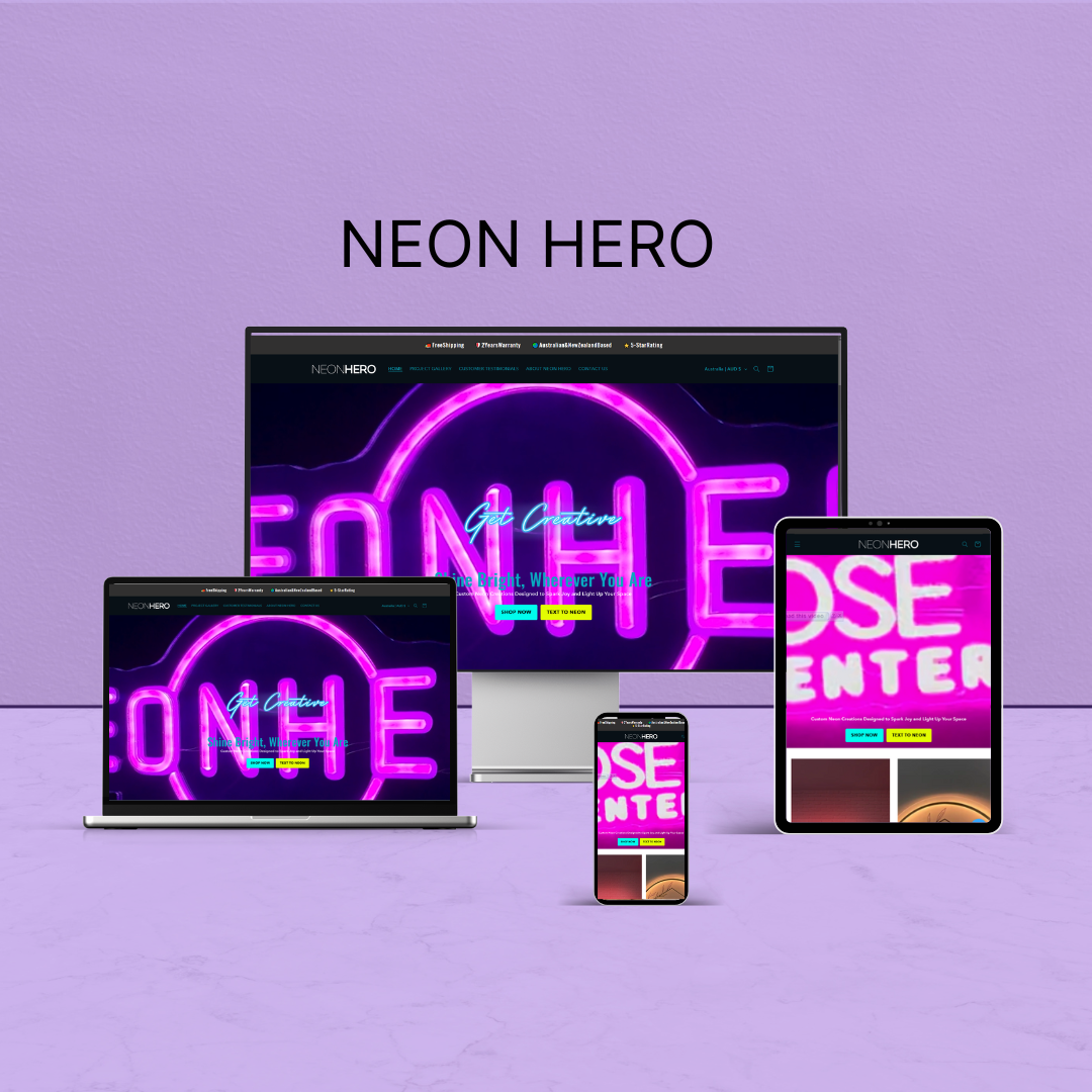 Neon Hero website displayed on multiple devices showcasing vibrant neon "Get Creative" sign.