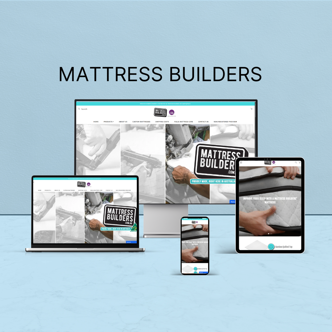 Mattress Builders website displayed across multiple devices showcasing the homepage with product images and a call to action.